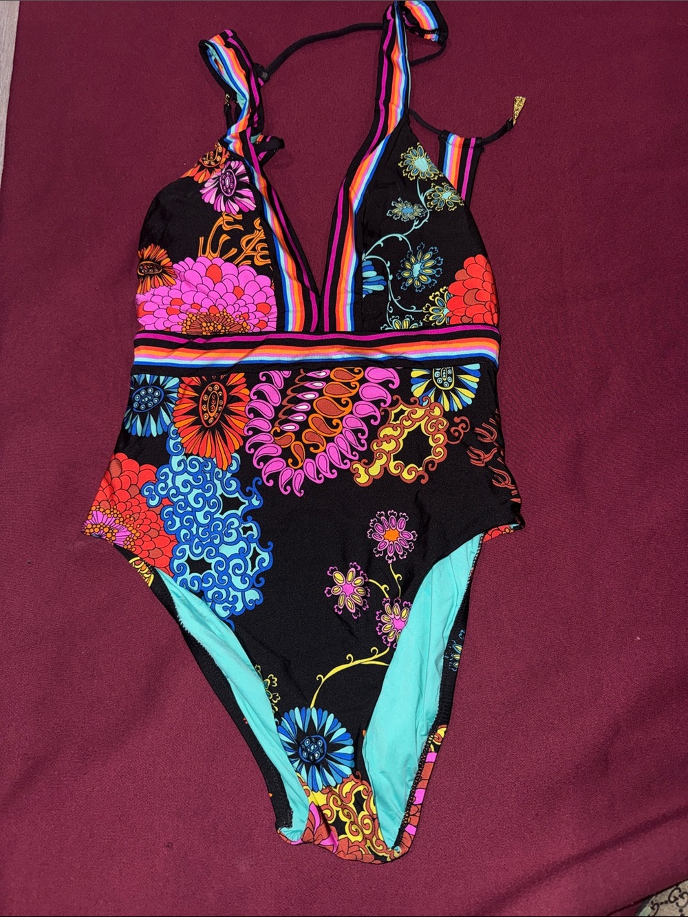 Trina Turk Black One-Piece Swimsuit with Bright Multicolor Floral Print